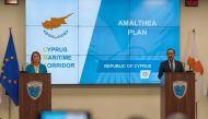 Cypriot President Nikos Christodoulides briefs media on the Gaza aid corridor, during a visit of the EU Parliament President Roberta Metsola at the Joint Rescue Coordination Centre (JRCC) near Larnaca's international airport on April 2, 2024. Photo by Etienne TORBEY / AFP.