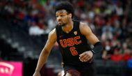 (FILES) Bronny James #6 of the USC Trojans looks on in the second half of a quarterfinal game against the Arizona Wildcats during the Pac-12 Conference basketball tournament at T-Mobile Arena on March 14, 2024 in Las Vegas, Nevada. (Photo by David Becker / GETTY IMAGES NORTH AMERICA / AFP)
