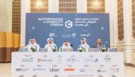 Officials address a press conference on Autonomous e-Mobility Forum.