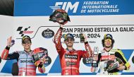 FROM LEFT: Second-placed Marc Marquez, winner Francesco Bagnaia and third-placed Marco Bezzecchi celebrate on the podium yesterday. Photo by AFP. 