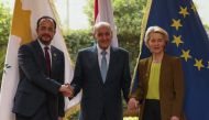 Lebanon's Parliament Speaker Nabih Berri (C) poses for pictures with European Commission President Ursula von der Leyen (R) and Cypriot President Nikos Christodoulides in Beirut on May 2, 2024. Photo by Anwar AMRO / AFP.