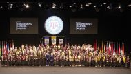 Managing Director and CEO of Qatar Petrochemical Company, Dr. Mohammed Al Mulla and Dean of Texas A&M at Qatar Dr. César Octavio Malavé with graduates at the commencement ceremony. 