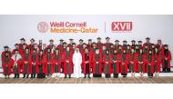 H E Dr. Hamad bin Abdulaziz Al Kawari, Minister of State and President of Qatar National Library; Dr. Robert A. Harrington, Dean of Weill Cornell Medicine in New York; and Dr. Javaid Sheikh, Dean of WCM-Q with the graduates.