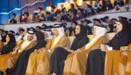 Speaker of the Shura Council H E Hassan bin Abdulla Al Ghanim (fourth right); Minister of Environment and Climate Change H E Dr. Abdullah bin Abdulaziz bin Turki Al Subaie (second right); Minister Of Education And Higher Education H E Buthaina bint Ali Al Jabr Al Nuaimi (fifth right); Minister of Social Development and Family H E Maryam bint Ali bin Nasser Al Misnad (first right); Vice-Chairperson and CEO of Qatar Foundation and Chairperson of HBKU Board of Trustees, H E Sheikha Hind bint Hamad 
Al Thani (third right); and other dignitaries at the HBKU Class of 2024 graduation ceremony held yesterday. 