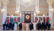 This handout picture from the official Bahrain News Agency (BNA) shows Bahrain's King Hamad bin Isa al-Khalifa (C) posing with Arab leaders in Manama on May 16, 2024 ahead of the 33rd Arab League Summit. (Photo by BNA (Bahrain News Agency)