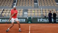 Spain's Rafael Nadal takes part in a practice session ahead of The French Open tennis tournament on Court Philippe-Chatrier at The Roland Garros Complex in Paris on May 22, 2024. (Photo by EMMANUEL DUNAND / AFP)