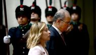 Italy's Prime Minister Giorgia Meloni (front) welcomes her Palestinian Authority counterpart Mohammed Mustafa prior to their meeting at Palazzo Chigi in Rome on May 25 2024. (Photo by Filippo Monteforte / AFP)