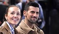 Serbia's tennis player Novak Djokovic (R) and his wife Jelena Djokovic attend the Starligue match PSG vs Aix-en-Provence at Accor Arena stadium in Paris on May 31, 2024. (Photo by Julien De Rosa / AFP)