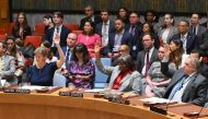 US Ambassador to the United Nations Linda Thomas-Greenfield (C) votes during a UN Security Council meeting on the situation in the Middle East at UN headquarters on June 10, 2024 in New York. (Photo by Angela Weiss / AFP)