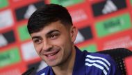 Spain's midfielder #20 Pedri speaks during a press conference at the team's training camp in Donaueschingen on June 11, 2024, ahead of the UEFA EURO 2024 football competition. (Photo by LLUIS GENE / AFP)