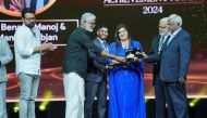 Benazir Manoj and Manoj Sahibjan receiving Arabian Legacy Excellence Award from Madhyamam Chief Editor O Abdurahiman and VK Hamza Abbas and prominent malayalam film director Blessy and Salim Ahmed.