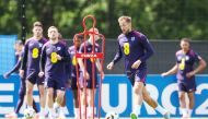 England’s Harry Kane (right) in action with teammates during a training session in Blankenhain, Thuringia, yesterday. AFP