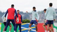 Spain's midfielder #16 Rodri (centre) and teammates attend a MD-1 training session at the team's base camp in Donaueschingen, on June 23, 2024, on the eve of their UEFA Euro 2024 Group B football match against Albania. (Photo by Lluis Gene / AFP)