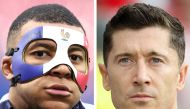 This combination of pictures made on June 23, 2024, shows France's forwar Kylian Mbappe (L) wearing a face mask and Poland's forward 09 Robert Lewandowski (R) (Photo by Axel HEIMKEN and Franck FIFE / AFP)
