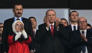 Turkiye's President Recep Tayyip Erdogan and his wife Emine attend the UEFA Euro 2024 quarter-final football match between the Netherlands and Turkiye at the Olympiastadion in Berlin on July 6, 2024. (Photo by John MacDougall / AFP)