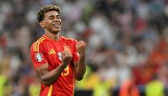 Spain's forward Lamine Yamal celebrates at the end of the UEFA Euro 2024 semi-final football match between Spain and France at the Munich Football Arena in Munich on July 9, 2024. (Photo by MIGUEL MEDINA / AFP)