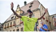 Mutaz Barshim celebrates after winning the International High Jump Meeting in Heilbronn, Germany, yesterday. PIC: www.leichtathletik.de