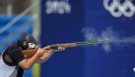 Qatar's Saeed Abusharib in action during the qualifying rounds of men's trap shooting  at the Chateauroux Shooting Centre, yesterday.