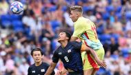 Japan's midfielder #08 Joel Chima Fujita fights for the ball with Spain's midfielder #11 Fermin Lopez in the men's quarter-final football match between Japan and Spain during the Paris 2024 Olympic Games at the Lyon Stadium in Lyon on August 2, 2024. Photo by Arnaud FINISTRE / AFP.