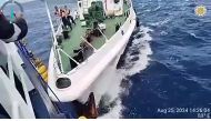 This frame grab from handout video footage taken and released on August 25, 2024 by the Philippine Coast Guard (PCG) shows a Chinese coast Guard ship (R) in a collision with the Philippine Bureau of Fisheries and Aquatic Resources (BFAR) vessel BRP Datu Sanday, near Sabina Shoal in disputed waters of the South China Sea. Photo by Handout / Philippine Coast Guard (PCG) / AFP