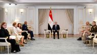 This handout picture released by the Egyptian Presidency shows Egypt's President Abdel Fattah al-Sisi (C) meeting with US Chairman of the Joint Chiefs of Staff General Charles Brown (4L) and US Ambassador to Cairo Herro Mustafa Garg (3L) in Cairo on August 25, 2024. Al-Sisi warned against further regional escalation on August 25 in a meeting with the United States' highest-ranking general, as cross-border hostilities between Israel and Lebanon intensified. (Photo by Egyptian Presidency / AFP) 