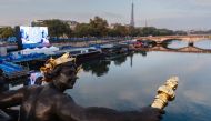 This photograph taken on September 1, 2024, shows the Seine river from the Alexandre III bridge, after the cancellation of the para-triathlon competition during the Paris 2024 Paralympic Games in Paris. Photo by Dimitar DILKOFF / AFP.