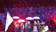 Mayor of Los Angeles Karen Bass (third left), President of the International Paralympic Committee (IPC) Andrew Parsons, Mayor of Paris Anne Hidlago with other officials after the exchange of the Paralympics flag during the Paris 2024 Paralympic Games Closing Ceremony. 