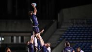 Greg Peterson of the US jumps to catch the ball during the Pacific Nations Cup semi-final rugby union match between Fiji and the US on September 14, 2024. (Photo by Yuichi Yamazaki / AFP)
 