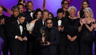 Japanese actor Hiroyuki Sanada (C), along with cast and crew, accept the Outstanding Drama Series award for “Shogun” onstage during the 76th Emmy Awards at the Peacock Theatre at L.A. Live in Los Angeles on September 15, 2024. (Photo by Valerie Macon / AFP)