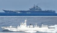 This combination of recent handout photos released on September 18, 2024 by Japan's Ministry of Defence Joint Staff Office Public Relations shows the Chinese aircraft carrier Liaoning (top), and two Luyang III-class missile destroyers (number 120 at centre and number 123 at bottom) at sea in waters near Japan's southern Okinawa region. Photo by Handout / Japan's Ministry of Defense Joint Staff Office Public Relations / AFP.