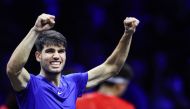 pain's Carlos Alcaraz of Team Europe celebrates winning against USA's Ben Shelton of Team World during their 2024 Laver Cup men's singles tennis match in Berlin, Germany on September 21, 2024. Alcaraz won the match 6-4, 6-4. (Photo by Ronny HARTMANN / AFP)