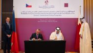 Minister of Commerce and Industry, H E Sheikh Mohammed bin Hamad bin Qassim Al Thani and Minister of Industry and Trade of the Czech Republic, H E Jozef Síkela during a signing ceremony at inaugural session of Qatar-Czech Joint Committee for Economic, Commercial and Technical Cooperation.