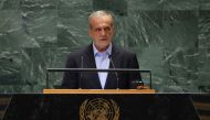 Iranian President Masoud Pezeshkian speaks during the 79th Session of the United Nations General Assembly at the United Nations headquarters in New York City on September 24, 2024. Photo by Charly TRIBALLEAU / AFP.