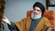 (Files) A file handout picture obtained by AFP from the office of Iran's Supreme Leader Ayatollah Ali Khamenei on September 28, 2019, shows Lebanon's Hezbollah leader Hassan Nasrallah during what the office said was an 