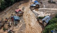 An aerial view shows the area affected by monsoon flooding in Roshi village of Nepal's Kavre district on September 30, 2024. Photo by PRABIN RANABHAT / AFP.