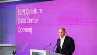 German Chancellor Olaf Scholz addresses guests during the inauguration of IBM's quantum data centre at the IBM Campus in Ehningen, southern Germany, on October 1, 2024. Photo by SILAS STEIN / AFP.