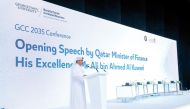 Minister of Finance H E Ali bin Ahmed Al Kuwari delivering the opening speech during the inauguration of the GCC 2035 Conference.