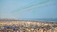 Surya Kiran Aerobatics Team of the Indian Air Force (IAF) perform an airshow during celebrations ahead of the Indian Air Force day at Marina beach in Chennai on October 6, 2024. All pictures by R.Satish Babu / AFP