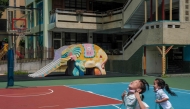 This photo taken on September 10, 2024 shows an elephant slide at an elementary school in New Taipei City. (Photo by Yan Zhao / AFP) 