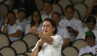 (FILES) Philippines' Vice President Sara Duterte speaks during the kick-off rally for the New Philippines movement at Quirino Grandstand in Manila on January 28, 2024. (Photo by JAM STA ROSA / AFP)

