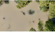 This picture shows an aerial view of people wading through a flooded area as they search for the body of a villager in Tuguegarao, Cagayan province, north of Manila on October 26, 2024. (Photo by John Dimain / AFP)