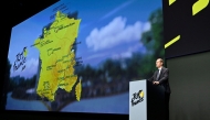 The director of the Tour de France cycling race Christian Prudhomme presents the men 2025 race route and stages during the official unveiling of both men and women 2025 editions of the Tour de France routes in Paris on October 29, 2024. Photo by JULIEN DE ROSA / AFP