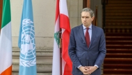 Ireland's Prime Minister Simon Harris awaits the arrival of Lebanon's Prime Minister Najib Mikati at Government Buildings, Tithe an Rialtais, in Dublin, on October 25, 2024. Photo by PAUL FAITH / AFP.