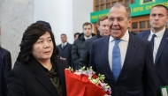 In this handout picture taken and released by the Russian Foreign Ministry on November 1, 2024, Russian Foreign Minister Sergei Lavrov and North Korean Foreign Minister Choe Son Hui attend a ceremony unveiling a memorial plaque dedicated to Kim Il Sung's visit to the USSR in 1949, at Moscow's Yaroslavsky railway station. (Photo by Russian Foreign Ministry / AFP)