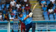 Liam Livingstone of England hits 6 during the 2nd ODI between West Indies and England at Vivian Richards Cricket Stadium in North Sound, Antigua and Barbuda, on November 2, 2024. (Photo by Randy Brooks / AFP)