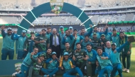 Pakistan's players and officials celebrate winning the series after their victory in the third one-day International (ODI) cricket match between Australia and Pakistan at Perth Stadium in Perth on November 10, 2024. (Photo by David Woodley / AFP) 