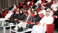 Minister of Education and Higher Education H E Lolwah bint Rashid Al Khater (fourth right) and other officials at the Ninth Annual Interdisciplinary Conference held at Qatar University.