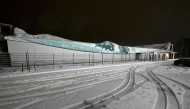 A collapsed sports hall is pictured after it caved in under the weight of wet snow in Espoo, Finland, on November 20, 2024, during Storm Jari. Photo by Vesa Moilanen / Lehtikuva / AFP