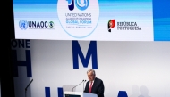 United Nations Secretary-General Antonio Guterres delivers a speech during the 10th Global Forum of the United Nations Alliance of Civilizations, in Cascais, Portugal, on November 26, 2024. (Photo by CARLOS COSTA / AFP)