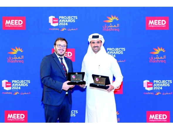 Manager of Engineering Services at QFZ Ali Khalid Al Hajri receiving the award at MEED Project Awards 2024.